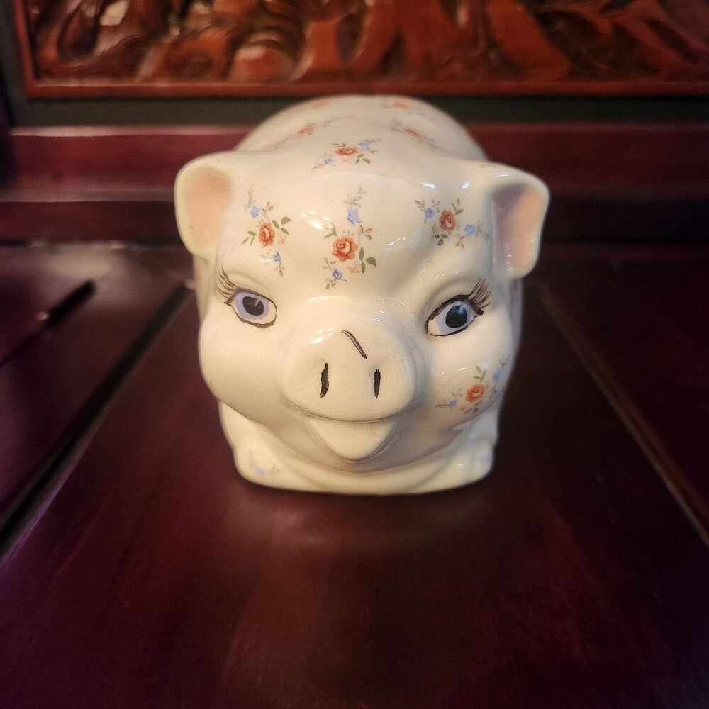 Vintage Ceramic Piggy Bank With Floral Pattern & Blue Eyes 5" L x 4.5" W x 4" H